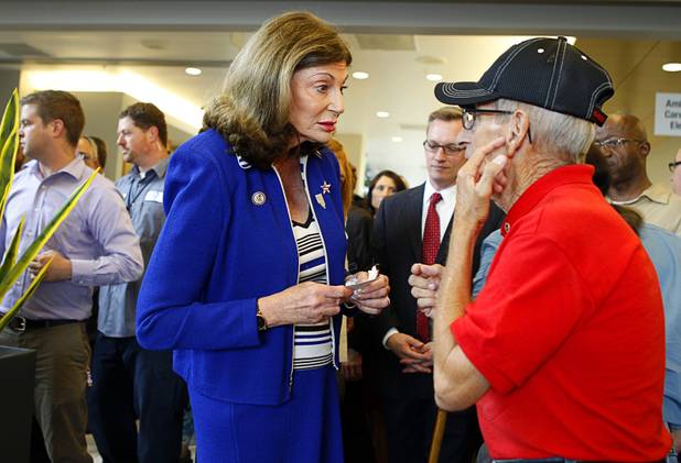 Congresswoman Shelley Berkley listens to army veteran Mel Kornberg after a dedication ceremony for the VA Southern Nevada Healthcare System Las Vegas Medical Center (VASNHS) in North Las Vegas Monday, August 6, 2012.