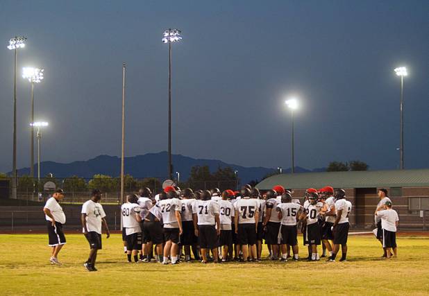 Palo Verde High School football players gather during practice at the school Tuesday, Aug. 7, 2012. Palo Verde will face Desert Vista High School (Arizona) in the Sollenberger Classic at the University of Phoenix Stadium in Arizona on Aug. 18.