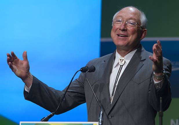 U.S. Secretary of the Interior Ken Salazar gives a keynote address during the National Clean Energy Summit 5.0 at the Bellagio Tuesday, August 7, 2012.