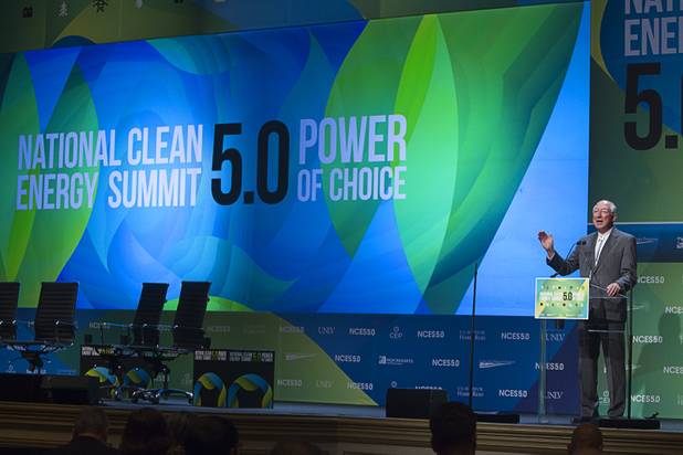 U.S. Secretary of the Interior Ken Salazar gives a keynote address during the National Clean Energy Summit 5.0 at the Bellagio Tuesday, August 7, 2012.