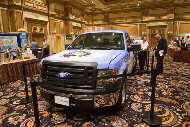 A Niyato compressed natural gas (CNG)-powered pick up truck is displayed during the National Clean Energy Summit 5.0 at the Bellagio Tuesday, August 7, 2012.