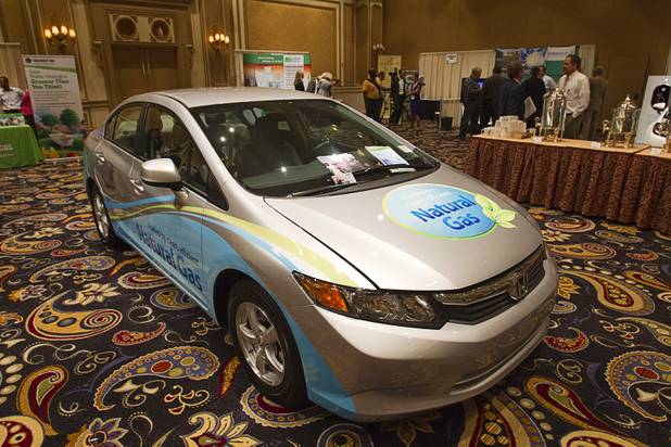 A compressed natural gas (CNG)-powered Honda Civic is displayed during the National Clean Energy Summit 5.0 at the Bellagio Tuesday, August 7, 2012.