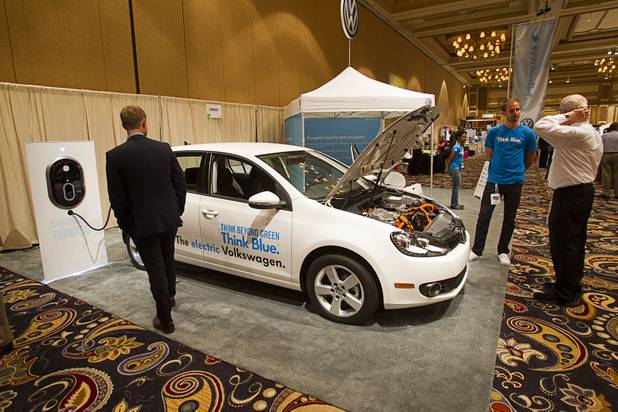 An electric Volkswagen E-Golf is displayed during the National Clean Energy Summit 5.0 at the Bellagio Tuesday, August 7, 2012.