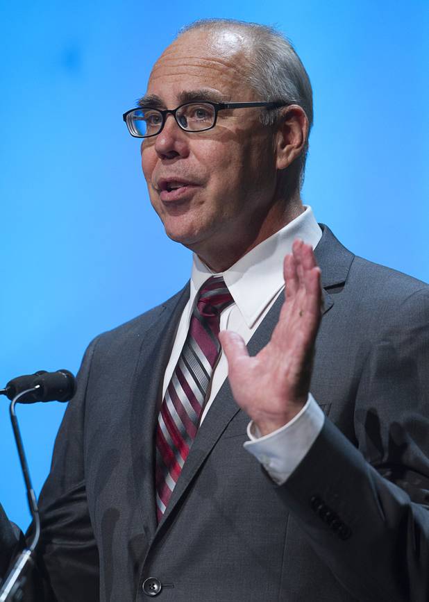 UNLV president Neal Smatresk speaks during the National Clean Energy Summit 5.0 at the Bellagio Tuesday, August 7, 2012.