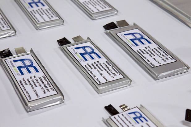 Lithium polymer batteries from Las Vegas-based Advance Energy are displayed during the Association for Unmanned Vehicles Systems International (AUVSI) convention at the Mandalay Bay Thursday, Aug. 9, 2012.