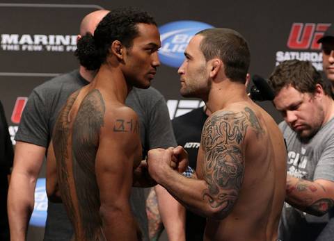 Benson Henderson, left, and Frankie Edgar, right, pose after making weight for their UFC 150 lightweight championship fight Friday August 10 in Denver. 