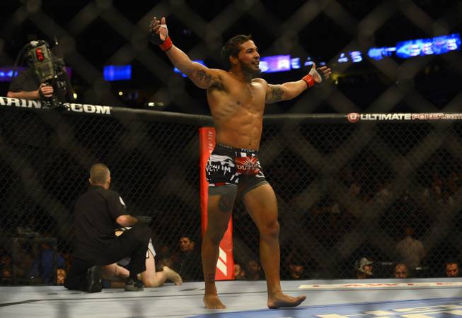 Dennis Bermudez celebrates his tap-out win against Tom Hayden in their middleweight bout during UFC 150 in Denver, Saturday, Aug. 11, 2012. Bermudez won in the first round. 