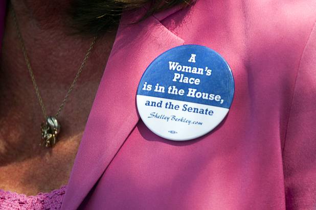 A button is shown on U.S. Congresswoman Shelley Berkley (D-NV) during a  news conference in the parking lot of Palo Verde High School before a rally for Republican vice presidential candidate Paul Ryan at the school Tuesday, Aug. 14, 2012. Berkley is running for U.S. Senate against Sen. Dean Heller (R-NV).