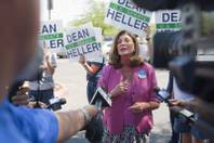 U.S. Rep. Shelley Berkley, D-Nev., holds a news conference in the parking lot of Palo Verde High School before a rally for Republican vice presidential candidate Paul Ryan at the school, Aug. 14, 2012. Berkley is running for U.S. Senate against Sen. Dean Heller, R-Nev.