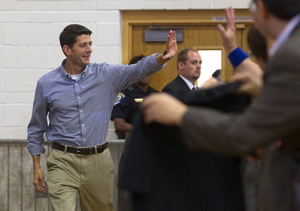 Republican vice presidential candidate Paul Ryan arrives for a rally at Palo Verde High School in Summerlin Tuesday, Aug. 14, 2012.
