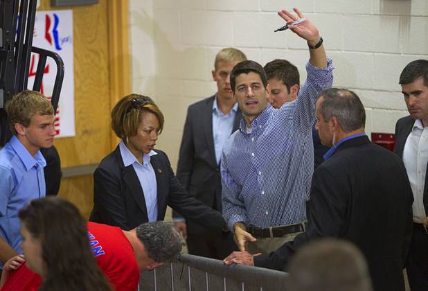 Republican vice presidential candidate Paul Ryan leaves a rally at Palo Verde High School in Summerlin Tuesday, Aug. 14, 2012.