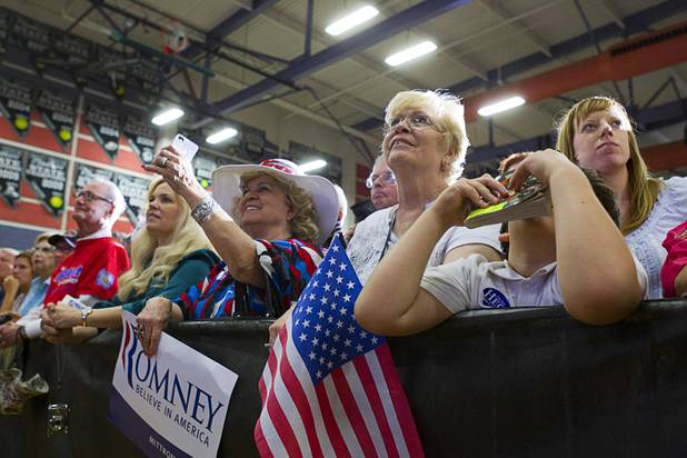Nelly Segal, left, and Sally Fanta, center, wait to hear Republican vice presidential candidate Paul Ryan at a rally at Palo Verde High School in Summerlin Tuesday, Aug. 14, 2012.