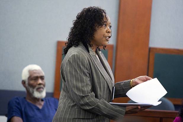 Special Public Defender Alzora Jackson, attorney for Nathaniel Burkett, left, makes a motion in court at the Regional Justice Center Thursday, Aug. 16, 2012.  Burkett is suspected of killing two Las Vegas women. A preliminary hearing was set for Oct. 5.