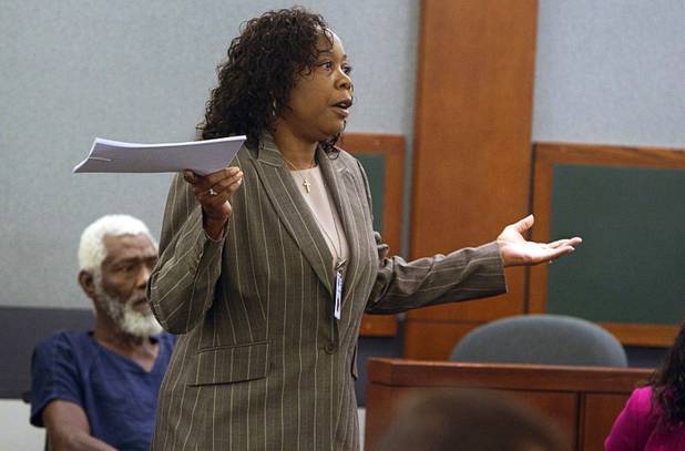 Special Public Defender Alzora Jackson, attorney for Nathaniel Burkett, left, speaks to Judge Eric Goodman in court at the Regional Justice Center Thursday, Aug. 16, 2012.  Burkett is suspected of killing two Las Vegas women. A preliminary hearing was set for Oct. 5.