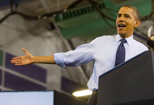 President Barack Obama speaks during a rally at Canyon Springs High School in North Las Vegas Wednesday, Aug. 22, 2012.