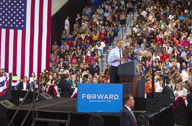 President Barack Obama speaks during a rally at Canyon Springs High School in North Las Vegas Wednesday, Aug. 22, 2012.