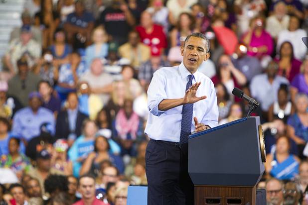 President Barack Obama speaks during a rally at Canyon Springs High School in North Las Vegas Wednesday, Aug. 22, 2012.
