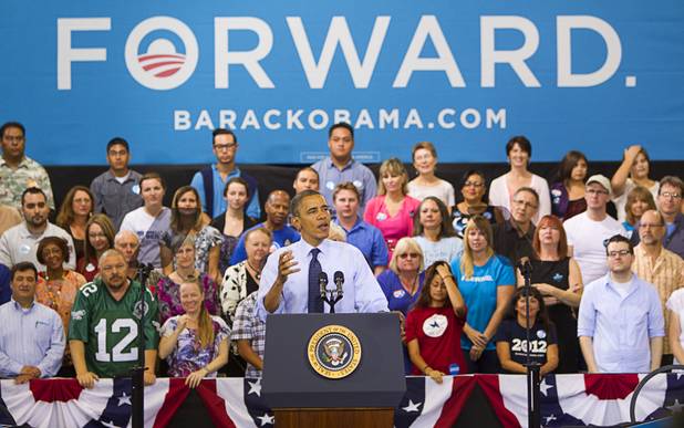 President Barack Obama speaks during a rally at Canyon Springs High School in North Las Vegas Wednesday, Aug. 22, 2012.