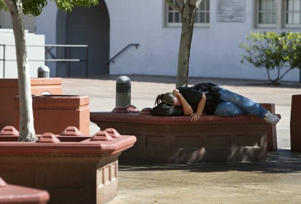 Benches and planters at Centennial Plaza in downtown Las Vegas have humps that are designed to discourage people from sleeping on them Sunday, Aug. 26, 2012. STEVE MARCUS