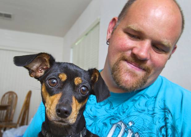 Rob Williams holds "Smith," a 2-year-old dachshund, at home Tuesday, Aug. 28, 2012. Williams and the Lovelady family lost nearly all their possessions when their moving truck was stolen earlier this month but the Las Vegas community helped out with donated furniture, goods and a fundraiser after their story was broadcast on KNTV-Channel 13 news, Rebecca Lovelady, a UNLV graduate student.