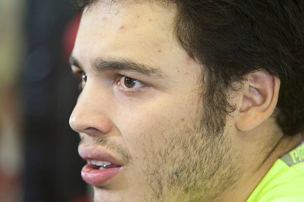 WBC middleweight champion Julio Cesar Chavez Jr., son of boxing legend Julio Cesar Chavez, prepares for interviews at Top Rank Gym Thursday, Aug. 30, 2012, Chavez will defend his title against Sergio Martinez of Argentina at the Thomas & Mack Center Sept. 15.