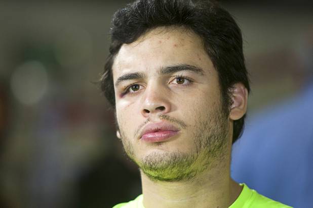 WBC middleweight champion Julio Cesar Chavez Jr., son of boxing legend Julio Cesar Chavez, prepares for interviews at Top Rank Gym Thursday, Aug. 30, 2012, Chavez will defend his title against Sergio Martinez of Argentina at the Thomas & Mack Center Sept. 15.