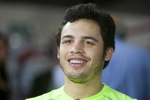 WBC middleweight champion Julio Cesar Chavez Jr., son of boxing legend Julio Cesar Chavez, prepares for interviews at Top Rank Gym Thursday, Aug. 30, 2012, Chavez will defend his title against Sergio Martinez of Argentina at the Thomas & Mack Center Sept. 15.