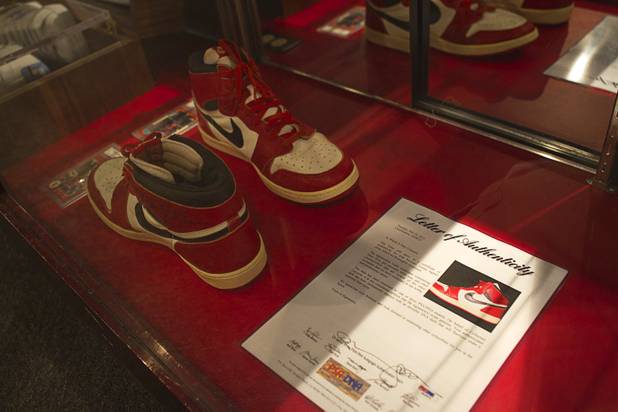 A pair of Air Jordans worn by Michael Jordan in 1985 is displayed during the grand opening of the ShoeZeum at the Neonopolis mall in downtown Las Vegas Thursday, Aug. 30, 2012. The collection has 2,500 pairs of new Nike shoes.