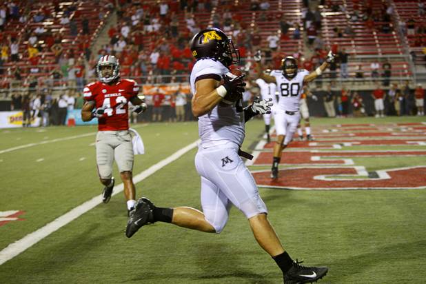 Minnesota's John Rabe scores in the second overtime period during UNLV's season opener at Sam Boyd Stadium Thursday, Aug. 30, 2012.