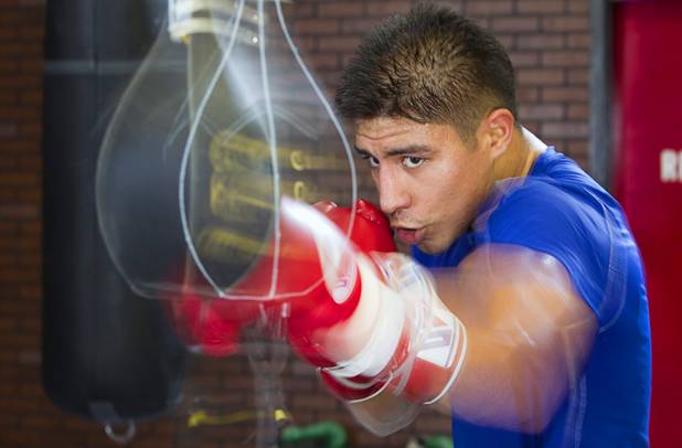 Las Vegan welterweight boxer Jessie Vargas hits a double-end bag during a workout at Top Rank Gym Tuesday Sept. 4, 2012. Vargas will fight Aron Martinez of Los Angeles at the Hard Rock Hotel on Thursday, September 13.