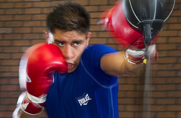 Las Vegan welterweight boxer Jessie Vargas hits a double-end bag during a workout at Top Rank Gym Tuesday Sept. 4, 2012. Vargas will fight Aron Martinez of Los Angeles at the Hard Rock Hotel on Thursday, September 13.