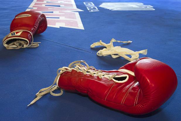 Boxing gloves are shown in the ring as Las Vegan welterweight boxer Jessie Vargas works out at Top Rank Gym Tuesday Sept. 4, 2012. Vargas will fight Aron Martinez of Los Angeles at the Hard Rock Hotel on Thursday, September 13.