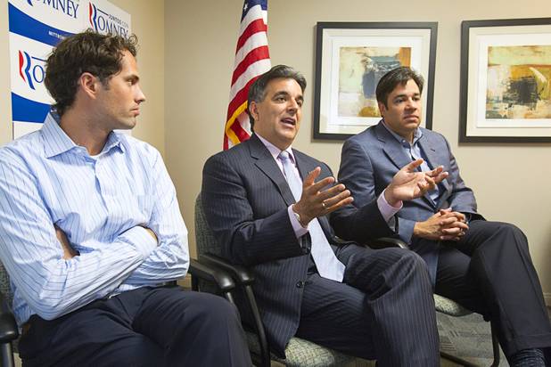 Craig Romney, left, the youngest son of GOP presidential candidate Mitt Romney, Hector Barreto, center, former administrator of the U.S. Small Business Administration, and U.S. Congressman Raul Labrador (R-ID) respond to questions from reporters before  a Hispanic small business dialogue at the Greater Las Vegas Association of Realtors offices Wednesday, Sept. 5, 2012.