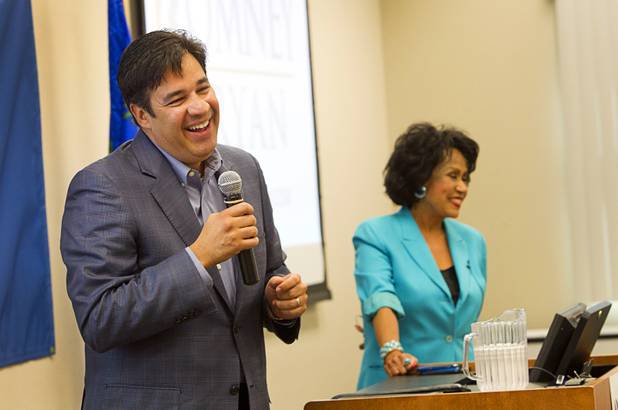 U.S. Congressman Raul Labrador (R-ID) laughs during a Hispanic small business dialogue at the Greater Las Vegas Association of Realtors offices Wednesday, Sept. 5, 2012. Moderator Sandy Peltyn is at right.