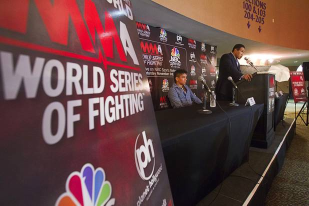 Ray Seto president of the World Series of Fighting league, speaks during a news conference at the Planet Hollywood Live theater (formerly the Theatre for the Performing Arts) at Planet Hollywood Thursday, Sept. 6, 2012. Bantamweight fighter Miguel Torres listens at left. The new mixed martial arts league will debut with a fight card broadcast on NBC at the theater on Nov. 3.