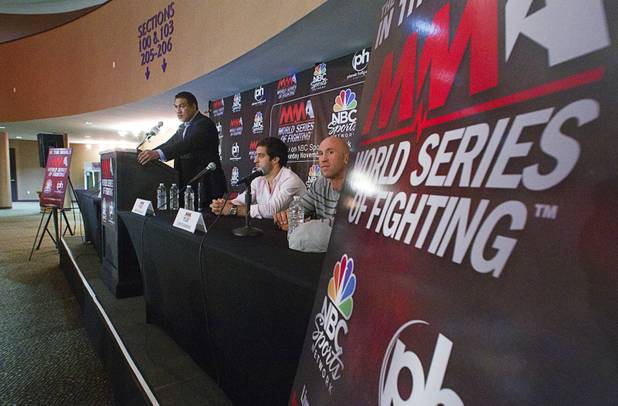 Ray Seto, left, president of the World Series of Fighting league, takes questions from reporters during a news conference at the Planet Hollywood Live theater (formerly the Theatre for the Performing Arts) at Planet Hollywood Thursday, Sept. 6, 2012. The new mixed martial arts league will debut with a fight card broadcast on NBC at the theater on Nov. 3.