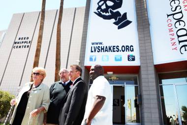 Las Vegas Mayor Carolyn Goodman, from left, poses for a photo with Dan Decker, the artistic director of Las Vegas Shakespeare Company, Michael Gill Chairman and CEO of the board of directors for Las Vegas Shakespeare Company, and Las Vegas City Councilman Ricky Barlow during a press conference at the Reed Whipple Cultural Center in Las Vegas on Friday, September 7, 2012.