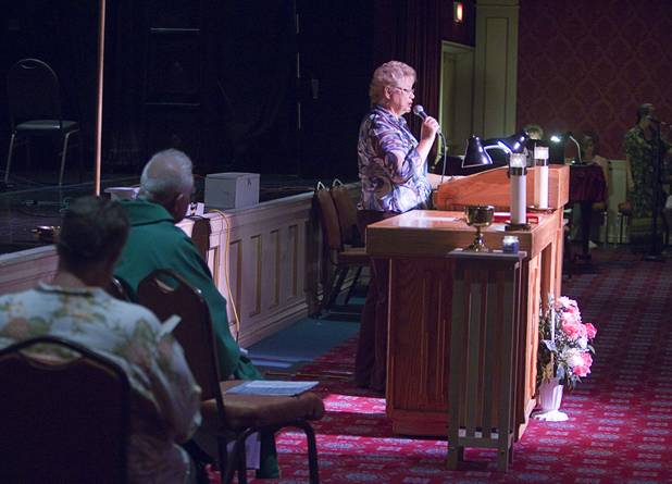 Lector Carmen Edwards conducts a reading during St. John the Baptist Catholic Church Mass at the Riverside Casino in Laughlin Sunday, Sept. 9. 2012. The church is the only Catholic church that holds weekly Mass in a casino, said Father Charlie Urnick.