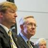 Sens. Dean Heller, left, and Harry Reid attend a Memorial Day ceremony in Boulder City on May 30, 2011.
