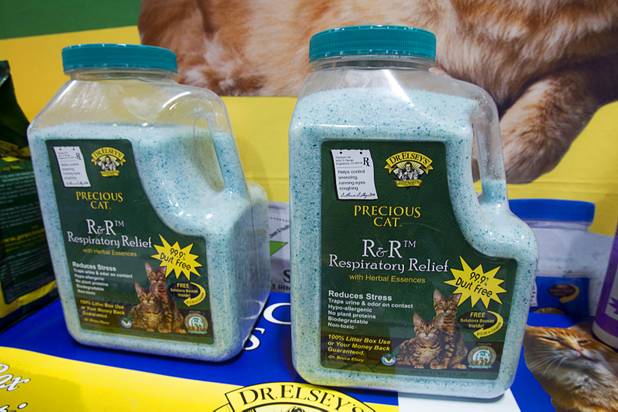 Dr. Elsey's Respiratory Relief kitty litter with herbal essences is displayed during SuperZoo, a trade show for the pet industry, at the Mandalay Bay Convention Center Tuesday, Sept. 11, 2012.  The litter is low in dust which is helpful to cats with respiratory disease and the herbal essences help reduce stress, a representative said.