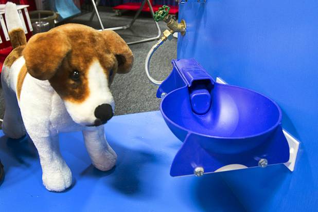 An Easy-Clean Auto-Fill Water Bowl is displayed during SuperZoo, a trade show for the pet industry, at the Mandalay Bay Convention Center Tuesday, Sept. 11, 2012.