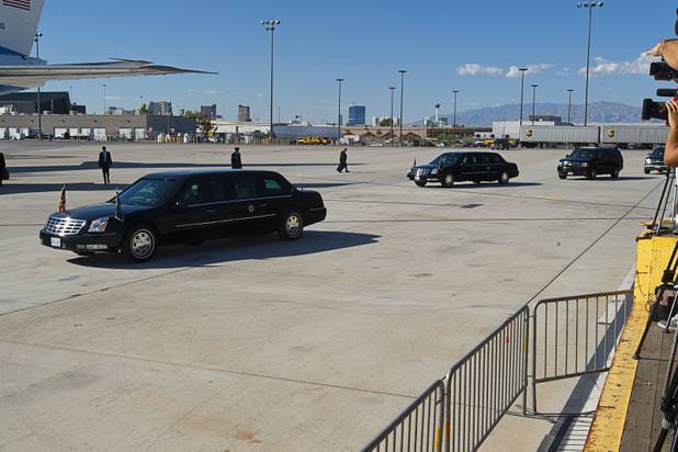 Limousines come out to meet Air Force One after President Barack Obama arrives at McCarran International Airport Wednesday, Sept. 12, 2012. Obama will be making a campaign stop at Cashman Field Center.