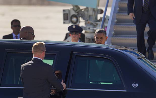 President Barack Obama heads directly to his limousine after arriving at McCarran International Airport Wednesday, Sept. 12, 2012.  Obama will be making a campaign stop at Cashman Field Center.