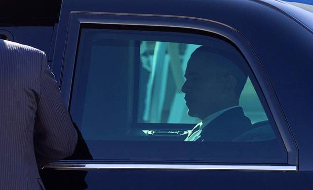 President Barack Obama is shown in his limousine after arriving at McCarran International Airport Wednesday, Sept. 12, 2012.  Obama will be making a campaign stop at Cashman Field Center.