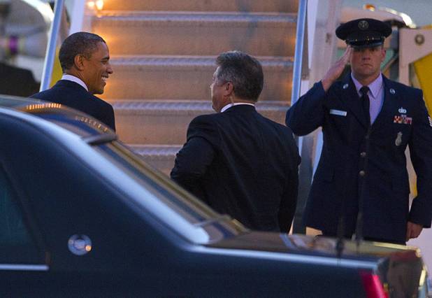 President Barack Obama prepares to boards Air Force One to depart McCarran International Airport Wednesday, Sept. 12, 2012.  Obama rallied supporters during a campaign stop at the Cashman Center.