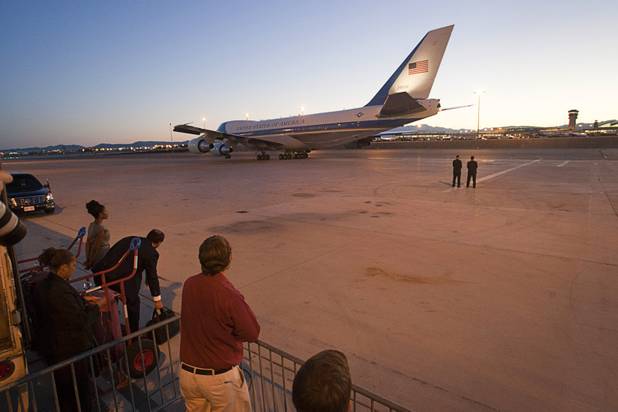 Air Force One taxis to a runway after President Barack Obama's campaign stop at Cashman Center Wednesday, Sept. 12, 2012.