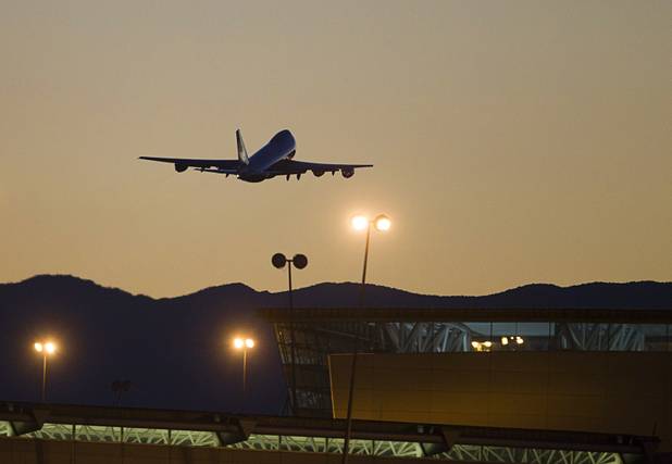 Air Force One takes off from McCarran International Airport after President Barack Obama's campaign stop at Cashman Center Wednesday, Sept. 12, 2012.