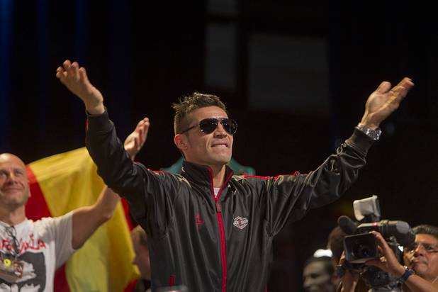 Boxer Sergio Martinez of Argentina arrives for an official weigh-in at the Wynn Las Vegas Resort in Las Vegas, Nevada Sept. 14, 2012. Martinez will challenge WBC middleweight champion Julio Cesar Chavez Jr., son of boxing legend Julio Cesar Chavez, at the Thomas & Mack Center in Las Vegas September 15.