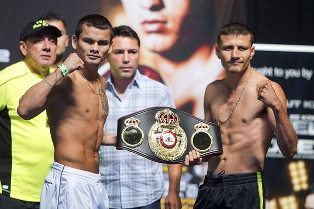 Marcos Maidana (L) of Argentina poses with Jesus Soto Karass of Mexico during an official weigh-in at the MGM Grand Garden Arena in Las Vegas, Nevada September 14, 2012. Maidana will face Karass in a welterweight bout at the arena September 15.