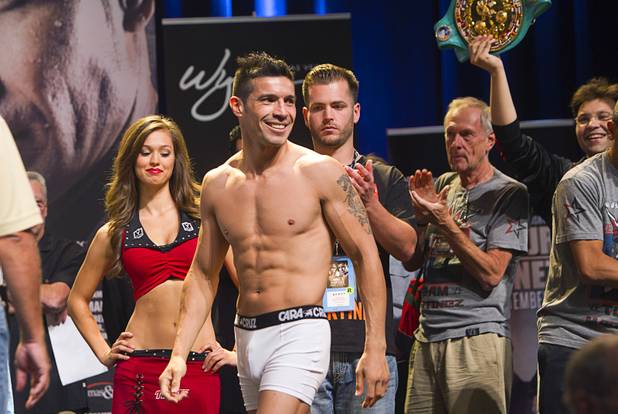 Boxer Sergio Martinez of Argentina heads to the scale during an official weigh-in at the Wynn Las Vegas Resort in Las Vegas, Nevada Sept. 14, 2012. Martinez will challenge WBC middleweight champion Julio Cesar Chavez Jr., son of boxing legend Julio Cesar Chavez, at the Thomas & Mack Center in Las Vegas September 15.